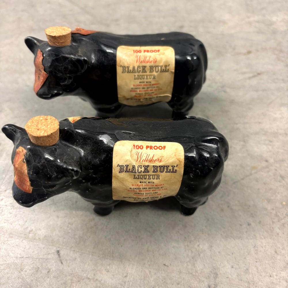 Vintage Wilsher's Black Bull Mini Ceramic Decanters Set of 2 Scotch Whisky Bulls